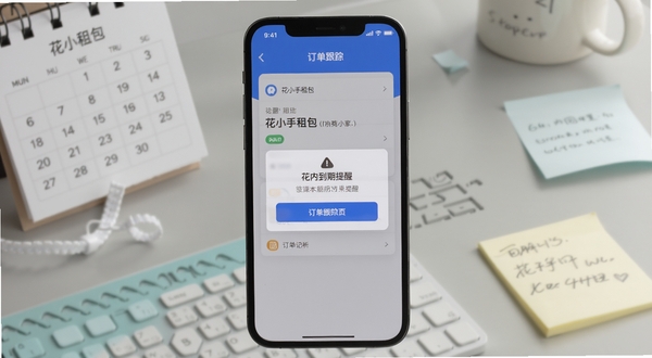 花小手租包应用内到期提醒弹窗与订单跟踪页面的特写，手机屏幕居中，背景为淡灰色工作台场景，桌面放置日历与便签元素，光线柔和，突出提醒与记录的功能氛围
