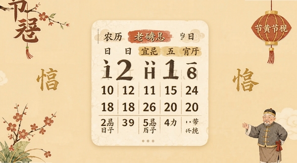 老黄历大字版手机应用主界面展示,大号字体显示农历日期宜忌信息,背景为温暖米黄色调,居中构图突出日历卡片,四周点缀传统节气插画元素,适合Boogu模型生成