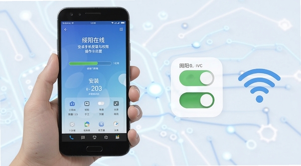 绥阳在线安卓手机安装与权限设置操作示意图，手持手机展示安装进度界面，旁边有权限开关图标与WiFi标识，简洁科技感背景，浅色系