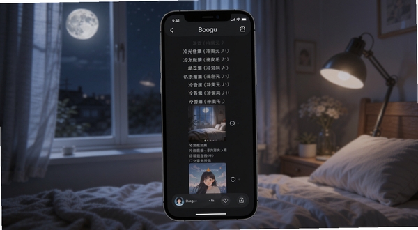 泠音乐深色模式歌词页面展示,手机屏幕显示滚动歌词与专辑封面,背景为夜晚卧室窗边场景,柔和月光与台灯点缀,整体氛围安静舒适,适配Boogu模型生成