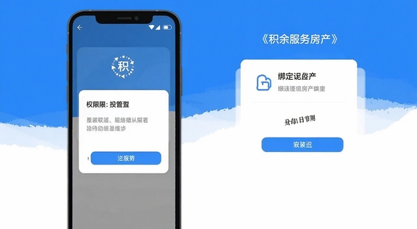 积余服务App在安卓手机上的安装引导界面示意，画面展示手机屏幕中的权限设置与绑定房产步骤，风格简洁扁平化，配色以蓝白为主