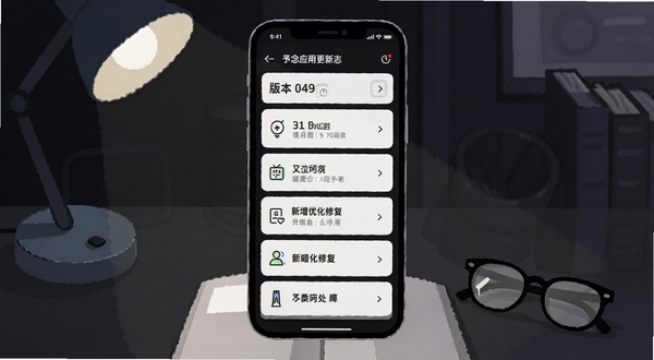 予念应用更新日志页面截图风格插画，手机屏幕显示版本号与新增优化修复分类列表，背景为深色模式下的书桌场景，有台灯和眼镜，画面整洁体现迭代记录