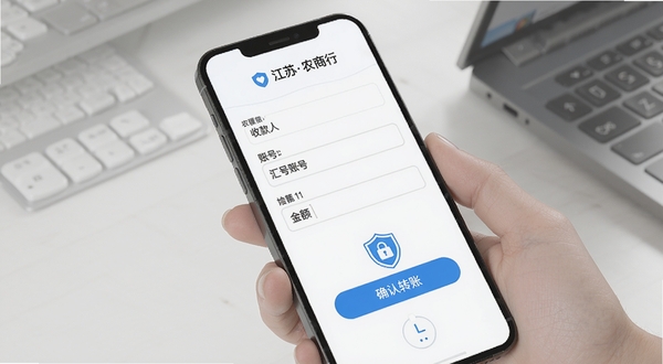 江苏农商行转账汇款操作界面示意图，手机屏幕显示转账表单，包含收款人姓名、账号、金额输入框，下方有确认转账按钮与安全盾牌图标，背景为简洁的白色与蓝色搭配，突出安全与便捷，Boogu模型生成
