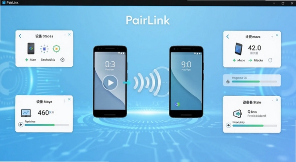 PairLink软件主界面居中展示，背景为浅蓝色渐变科技风格，画面中央是两部安卓手机通过无线信号图标相连的示意图形，周围环绕设备配对状态卡片与连接进度条，整体风格干净现代，适配Boogu模型生成