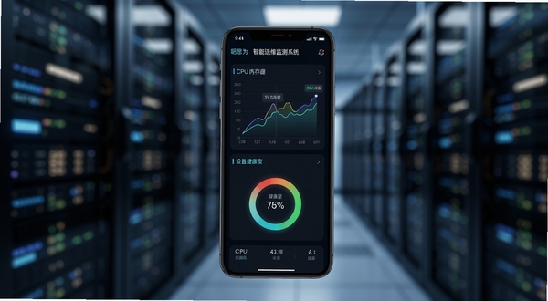 明思为智能运维监测系统 APP 实时监测仪表盘界面，深色科技风，手机屏幕展示CPU内存曲线图与设备健康度环形图，背景为数据中心机房虚化光影，画面简洁专业