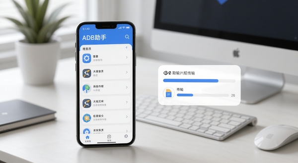 ADB助手功能界面展示,手机屏幕中呈现应用列表与文件传输进度条,界面配色以蓝白为主,背景为简约办公桌面环境,光线柔和,细节清晰,适配Boogu模型生成
