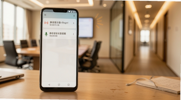 静音提示器智能提醒场景概念图，画面展示一部安卓手机放置在办公桌上，屏幕亮起显示一条温和的静音状态提醒通知，通知栏图标清晰可见，背景是虚化的会议室与走廊过渡场景，色调温暖柔和，强调提醒的及时性与场景化特点