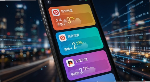 全网热点多平台热榜聚合界面特写，手机屏幕显示多个彩色榜单卡片并列排列，每个卡片带有平台图标与热度数值，背景为虚化的城市夜景与数据流光线，突出信息聚合的科技感
