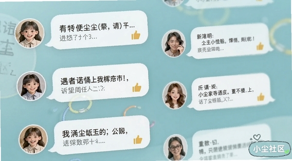 小尘社区社区互动界面特写，画面中显示多个用户头像与话题气泡，气泡内包含讨论文字与点赞图标，背景为柔和的蓝绿色调，整体呈现轻松活跃的社区交流氛围，角落带有小尘社区字样标识