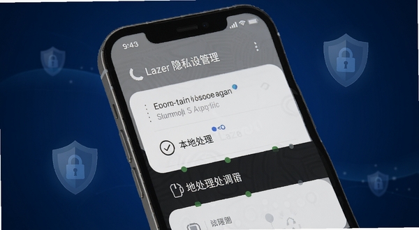 Lazer 应用隐私设置页面示意图，手机界面显示权限管理列表与本地处理标识，画面主体为手机屏幕特写，背景为深蓝色渐变，带有盾牌图标元素，整体风格稳重可信