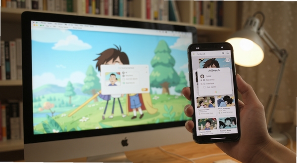 AniSearch 截图识别功能演示图，画面中一只手拿着手机对准电脑屏幕上的动画画面，手机屏幕内出现识别结果弹窗与作品卡片列表，背景为书房环境，光线柔和