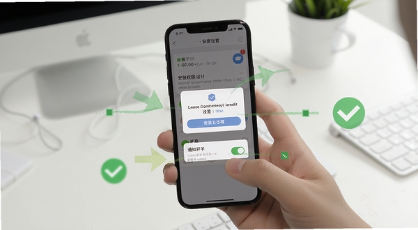 全网热点使用教程示意图，画面为手持手机操作界面，屏幕显示安装权限设置弹窗与通知开关，旁边有箭头指引与对勾图标，背景为简洁的桌面环境，风格清晰实用