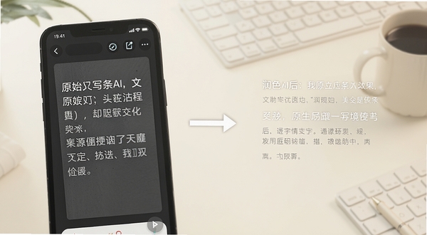 纸条AI界面特写，手机屏幕左侧显示原始文案，右侧显示润色后的文字，中间有箭头连接，背景为柔和米白色办公桌面，画面干净明亮，体现文字改写与优化功能