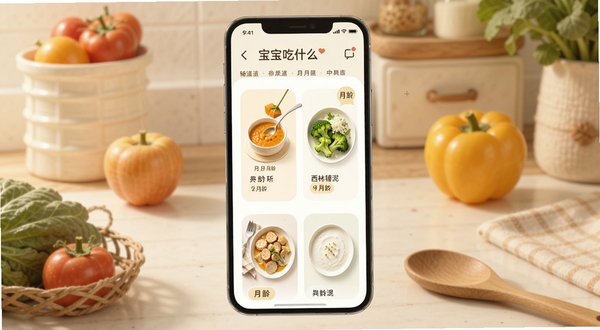 一款名为宝宝吃什么的手机应用界面展示，画面中央是手机屏幕，屏幕上呈现色彩柔和的辅食食谱卡片，包含南瓜米糊、西兰花泥等菜品图标与月龄标签，背景为温馨的厨房台面，点缀新鲜蔬果与木质餐具，整体色调温暖明亮，扁平化UI风格，细节清晰，适合应用商店展示
