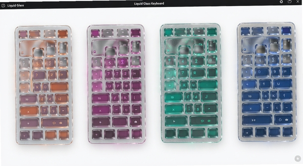 Liquid Glass Keyboard软件界面截图风格，展示多套玻璃质感键盘配色方案并排陈列，每套配色对应不同色调的按键与光效，画面干净整洁，突出配色多样性