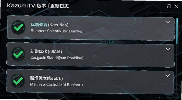 KazumiTV版本更新日志界面展示，列表形式呈现新增优化修复三类条目，简洁科技感风格，深色背景配绿色对勾图标