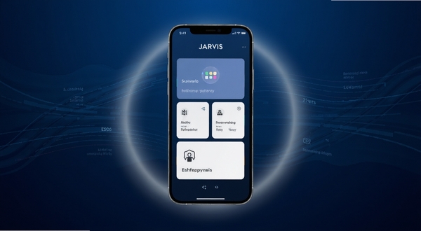 JARVIS智能助手软件主界面全貌展示，画面中心为手机屏幕显示简洁的功能卡片布局，背景为深蓝色科技感渐变，周围环绕柔和的光晕与数据线条，整体风格干净现代，突出智能助手的产品气质