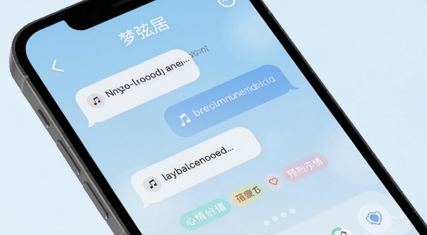 梦弦居智能对话界面预览图，手机屏幕特写，屏幕中显示柔和的气泡对话与心情标签，背景为淡蓝色渐变，画面干净明亮