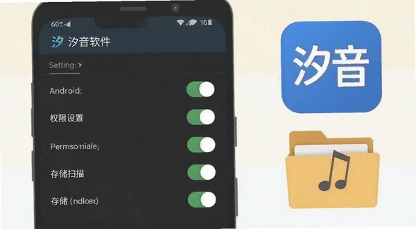汐音软件在安卓手机上的权限设置与存储扫描示意图,画面展示手机设置界面与应用权限开关,旁边有汐音图标和音乐文件夹图标,风格为扁平化教学插图