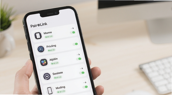 PairLink连接管理界面预览图，手机屏幕展示已配对设备卡片列表，每张卡片包含设备图标、名称与在线状态标签，背景为柔和浅色桌面环境，体现管理功能
