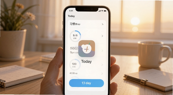 Today应用主界面展示，手机屏幕中呈现习惯打卡列表与进度圆环，背景为柔和晨光色调的书桌场景，画面中心突出Today应用图标与打卡按钮，整体风格清新简约，适配Boogu模型生成