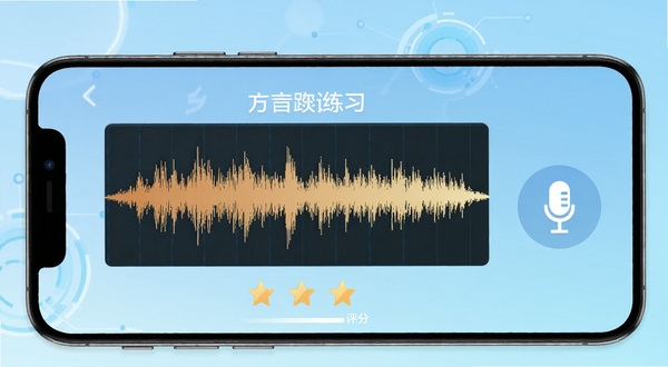 乡音软件跟读练习界面，手机屏幕显示方言波形对比图与评分星级，画面一侧有麦克风图标，背景为浅蓝色渐变，整体呈现科技感与学习氛围，突出乡音跟读功能