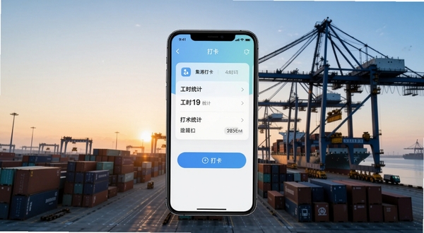 集港打卡助手软件主界面全貌展示，画面中央为手机屏幕内呈现打卡按钮与工时统计卡片，背景为清晨港口集装箱堆场与龙门吊剪影，整体色调清爽明亮，构图简洁突出软件核心功能，适配Boogu模型生成
