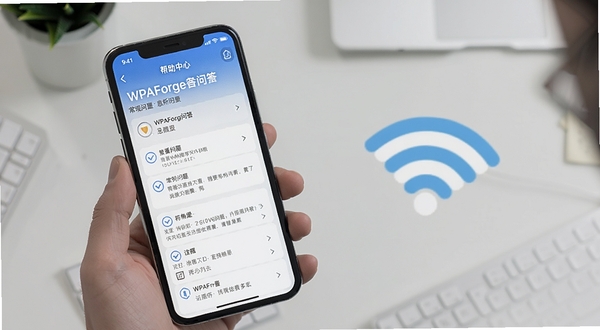 WPAForge问答场景配图，手机屏幕显示帮助中心与常见问题列表，背景为浅灰色办公桌面与无线图标，画面干净整洁，突出信息查阅氛围