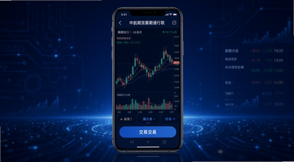 中航期货翼期通行软件启动界面展示，手机屏幕居中显示期货行情K线图与交易按钮，背景为深蓝色金融科技风格，画面简洁大气，突出移动端期货交易场景