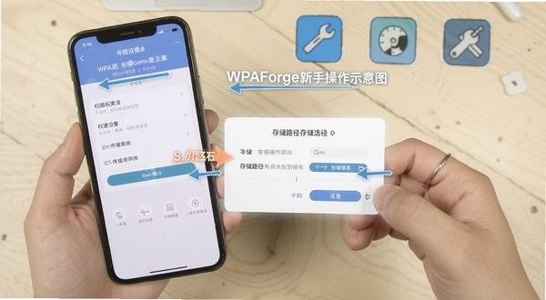 WPAForge新手操作示意图，手机屏幕显示权限设置页面与存储路径选择弹窗，背景为浅色桌面与工具图标，画面清晰明亮，突出操作步骤指引