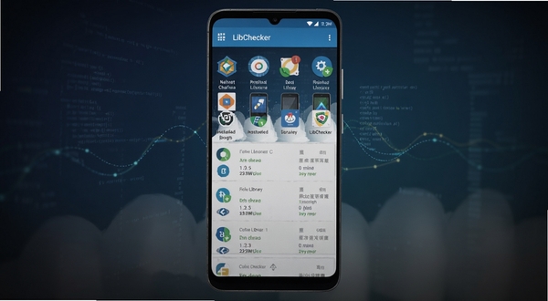 一部安卓手机屏幕中央显示LibChecker应用界面,界面中整齐排列着已安装应用的图标与原生库检测结果列表,背景为深色科技感渐变,带有细微的代码纹理与数据流动线条,画面主体位于中央偏上区域,四周留有暗色过渡空间,整体风格简洁专业,突出应用检测与数据分析的视觉主题
