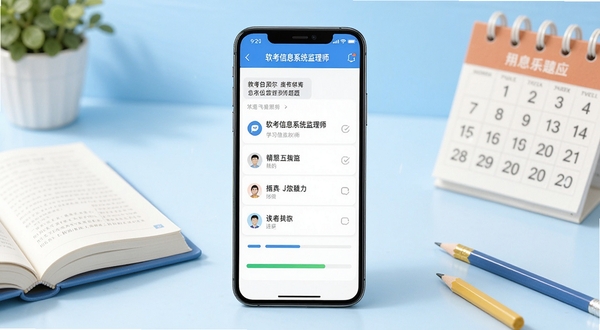 画面中心位置放置一部智能手机，屏幕显示软考信息系统监理师题库的刷题界面，包含题目选项与进度条，背景为浅蓝色渐变的学习场景，周围点缀书本、铅笔与日历元素，整体风格清新明亮，适合学习类软件宣传图，分辨率1080x720
