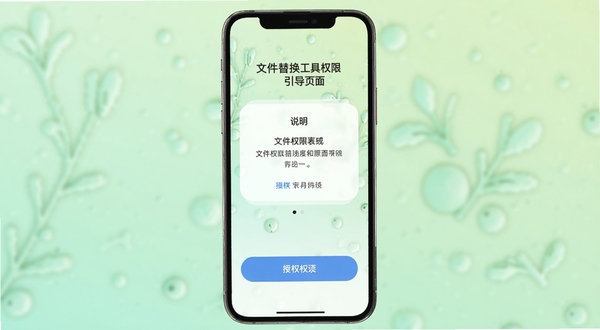 文件替换工具权限引导页面，手机屏幕展示权限说明卡片与授权按钮，画面主体居中，背景为柔和的浅绿色渐变，整体氛围轻松友好