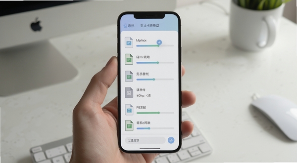 免费格式转换器批量转换进度界面，手机屏幕上显示多个文件正在排队转换，进度条清晰，界面配色柔和，画面主体位于中央，背景为简约的桌面环境，光影自然