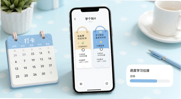 学个蛋知识卡片翻转学习场景，手机屏幕上显示问答卡片正反面对比，旁边有打卡日历与进度条元素，色调清爽，适合学习工具宣传图