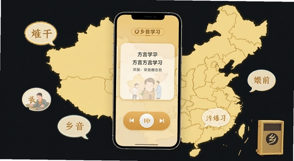 乡音软件主界面展示，画面中央为手机屏幕，屏幕内呈现方言学习卡片与语音播放按钮，背景为温暖的淡黄色调，周围点缀中国地图轮廓与方言气泡图标，整体风格简洁明快，突出乡音品牌名称