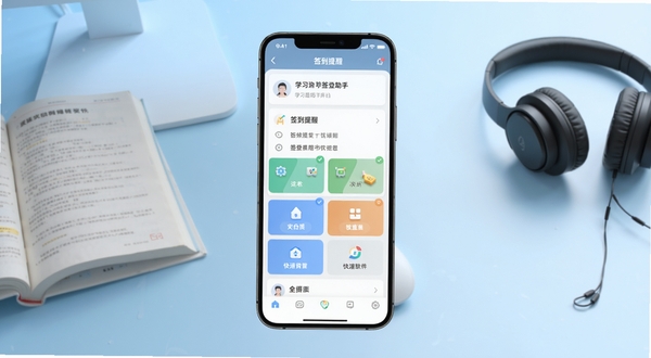学习通签到助手软件主界面全貌展示，画面中央为手机屏幕特写，屏幕内呈现签到提醒列表与快捷入口卡片，背景为浅蓝色渐变书桌场景，桌面摆放课本与耳机，整体风格清爽简洁，适配Boogu模型生成