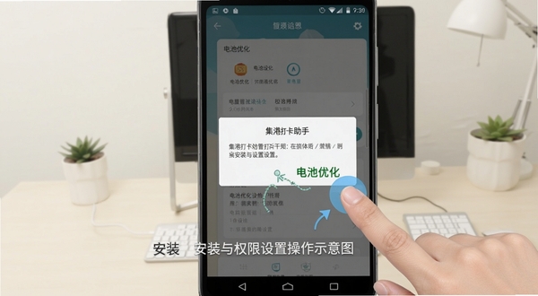 集港打卡助手安装与权限设置操作示意图，画面展示安卓手机屏幕上的权限授权弹窗与电池优化设置页面，旁边有手指点击示意，背景为简洁的浅色办公环境，突出操作指引感