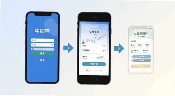 中航期货翼期通行移动端操作示意图，手机屏幕展示登录界面与交易下单流程，画面采用扁平化设计风格，配以简洁的步骤指引箭头，背景为浅色渐变