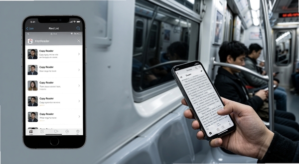 Capy Reader 离线缓存功能场景图，画面左侧为手机界面显示稍后读列表，右侧为地铁车厢内乘客手持手机阅读的画面，色调偏冷灰，突出离线可用与通勤场景，构图简洁