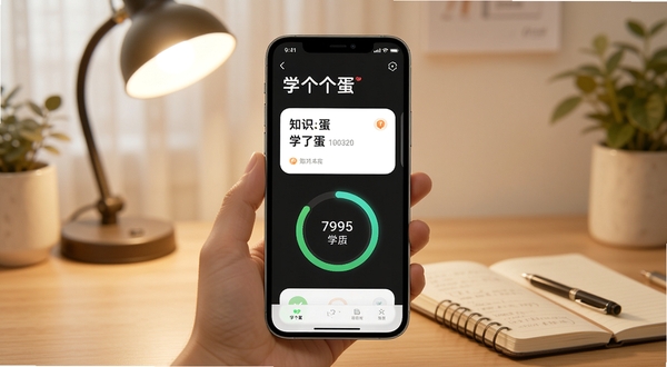 整体展示学个蛋应用主界面与学习卡片场景，画面中央为手机屏幕呈现知识卡片与进度环，背景为书桌台灯与笔记本的温馨学习氛围，构图简洁明亮，突出学个蛋品牌名称