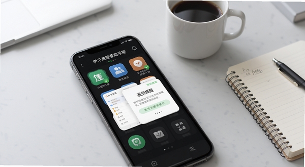 学习通签到助手功能展示图，画面主体为手机界面中排列整齐的快捷入口图标与签到提醒卡片，背景为淡灰色办公桌面，旁边放置一杯咖啡与笔记本，光线柔和，突出界面清晰易读的特点