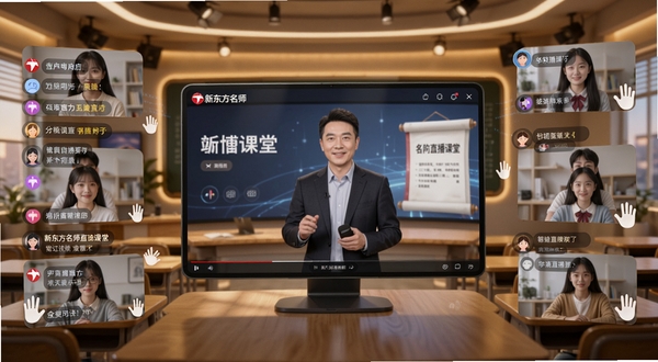 新东方名师直播课堂场景，画面中心为教师端授课界面，周围环绕学生端互动弹幕与举手图标，背景为虚拟教室环境，暖色调灯光，科技感与教育氛围结合