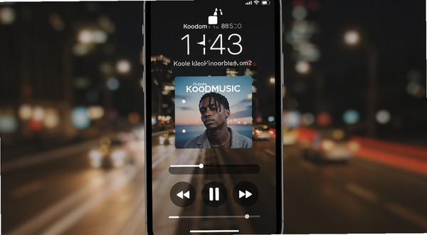 KoodMusic锁屏播放控制界面，手机锁屏状态显示专辑封面与播放进度条，背景为模糊的城市夜景灯光，写实风格