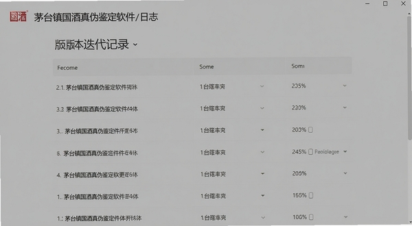 茅台镇国酒真伪鉴定软件更新日志页面展示，版本迭代记录列表，简洁列表式界面设计