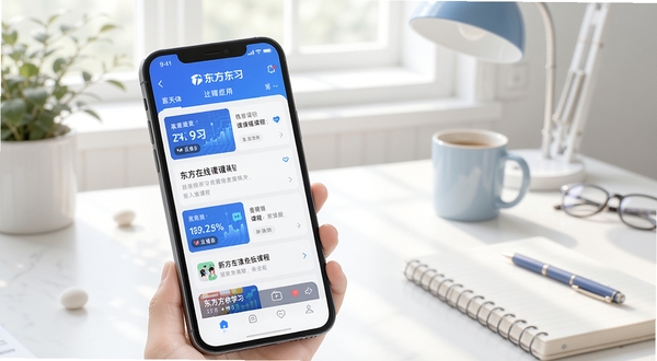 新东方在线学习应用主界面展示，画面中央为手机屏幕显示课程列表与直播入口，背景是明亮整洁的书桌环境，柔和自然光线，扁平化设计风格，蓝白配色，突出教育科技感