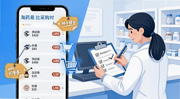 淘药易比价采购场景插画,画面左侧一部手机屏幕显示多家供应商报价对比列表,右侧一位穿白大褂的药师正在核对采购清单,背景为简洁的白色药房柜台,色调以蓝白为主,突出价格标签与采购车图标细节
