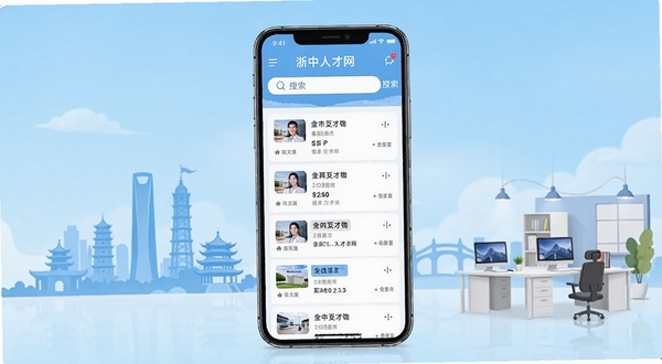 浙中人才网手机应用主界面展示，画面中央是一部竖屏智能手机，屏幕上显示招聘岗位列表和搜索栏，背景为浅蓝色渐变，点缀金华城市剪影与办公场景元素，整体风格清爽简洁，适配Boogu模型生成