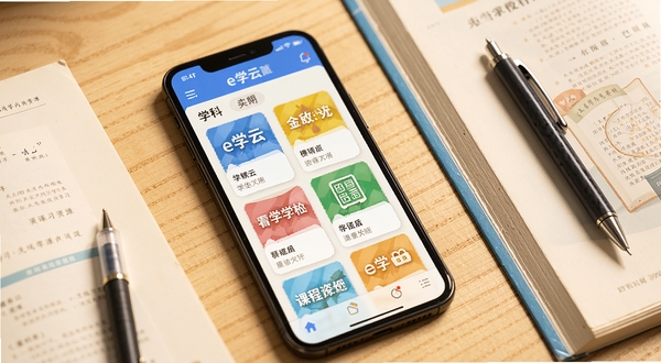 e学云学生应用内课程资源列表页面特写，手机屏幕显示按学科分类的文档卡片，旁边放置几本翻开的课本与一支笔，桌面为浅木色，整体色调温暖，突出学习场景的沉浸感