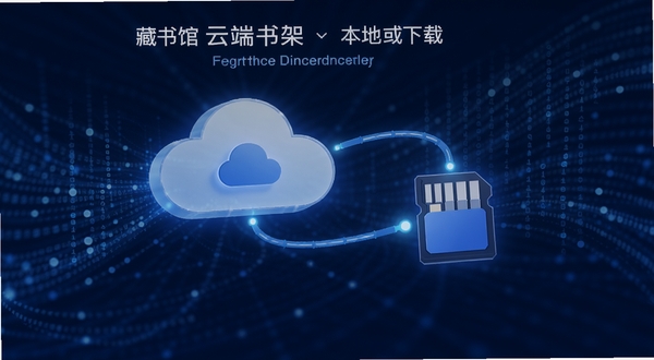 藏书馆云端书架与本地下载功能界面,画面主体为悬浮的云朵图标与手机存储卡图标相互连接,背景是抽象的蓝色数据流,突出藏书馆的同步特性